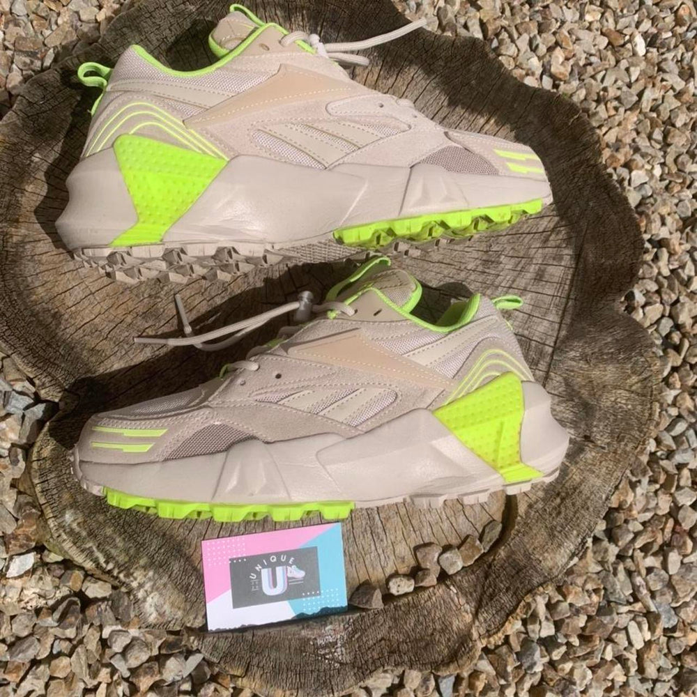 Reebok Aztrek Premium Suede Cream Tan Neon Green Sneakers