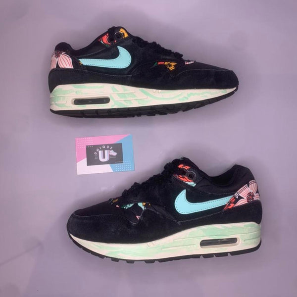 Nike Air Max 1 Retro Aloha Black Suede Multi Colour Upper and Team Cream Midsole